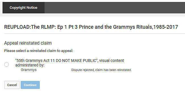 Copyright Notice I received from The Grammys, that is actually censorship, not copyright infringement