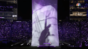 A "doctored" projection from Prince's 41st Super Bowl Halftime Performance in 2007, shown during the 52nd Super Bowl Halftime show.
