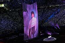 Prince "projection" as Justin Timberlake performs a Prince "tribute" at the 52nd Super Bowl in Minneapolis, MN