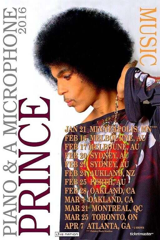 Poster for Prince's 2016 "Piano & A Microphone" Tour