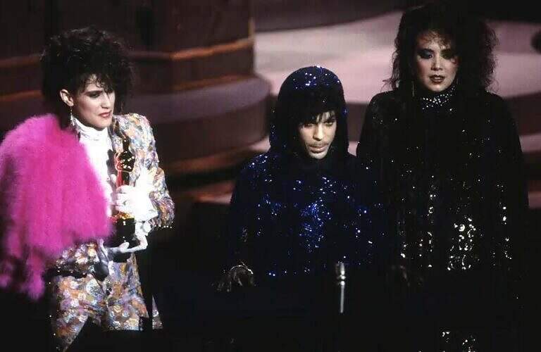 Prince, Wendy Melvoin, and Lisa Coleman accept The Oscar for "Purple Rain", Best Original Score of 1985