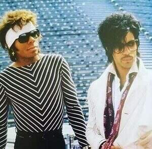 Dez Dickerson and Prince before soundcheck, L.A. Coliseum, 1981