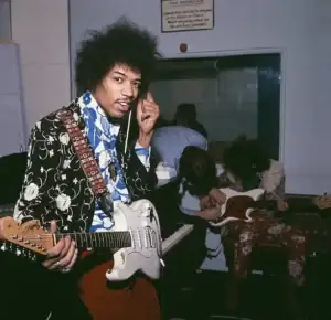 Jimi Hendrix backstage before a show in 1969