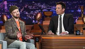 Justin Timberlake talks to Jimmy Fallon after the "Super Bowl 52" half-time show