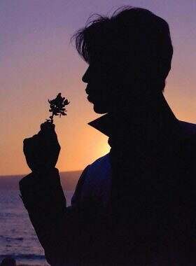 Prince looking at the ocean at sunset